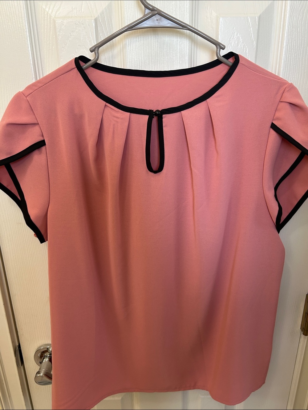Women's Pink Short-Sleeve Blouse with Black Trim